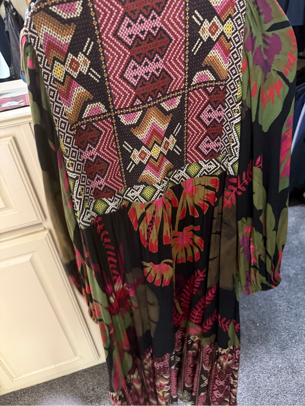 FARM Rio Black Midi Dress with Pink & Olive Floral Patchwork